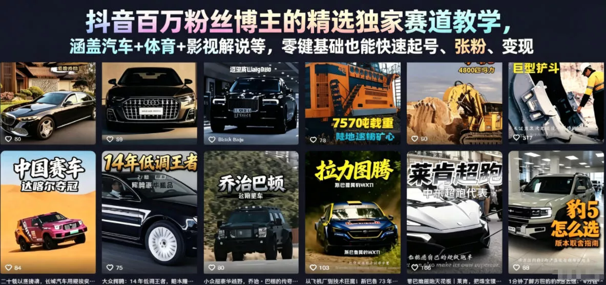 抖音百万粉丝博主的精选独家赛道教学,涵盖汽车+体育+影视解说等,零基础也能快速起号、涨粉、变现-站源网