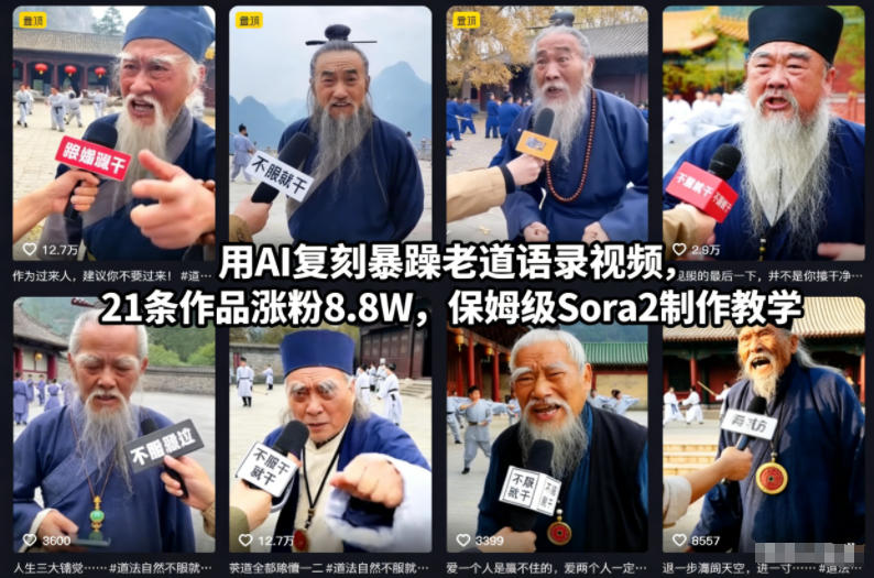 用AI复刻暴躁老道语录视频,21条作品涨粉8.8W,保姆级Sora2制作教学-站源网