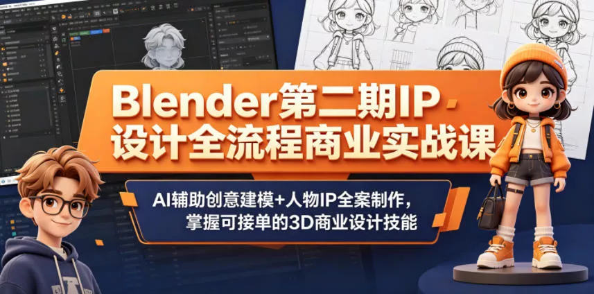 Blender第二期IP设计全流程商业实战课,AI辅助创意建模+人物IP全案制作,掌握可接单的3D商业设计技能-站源网