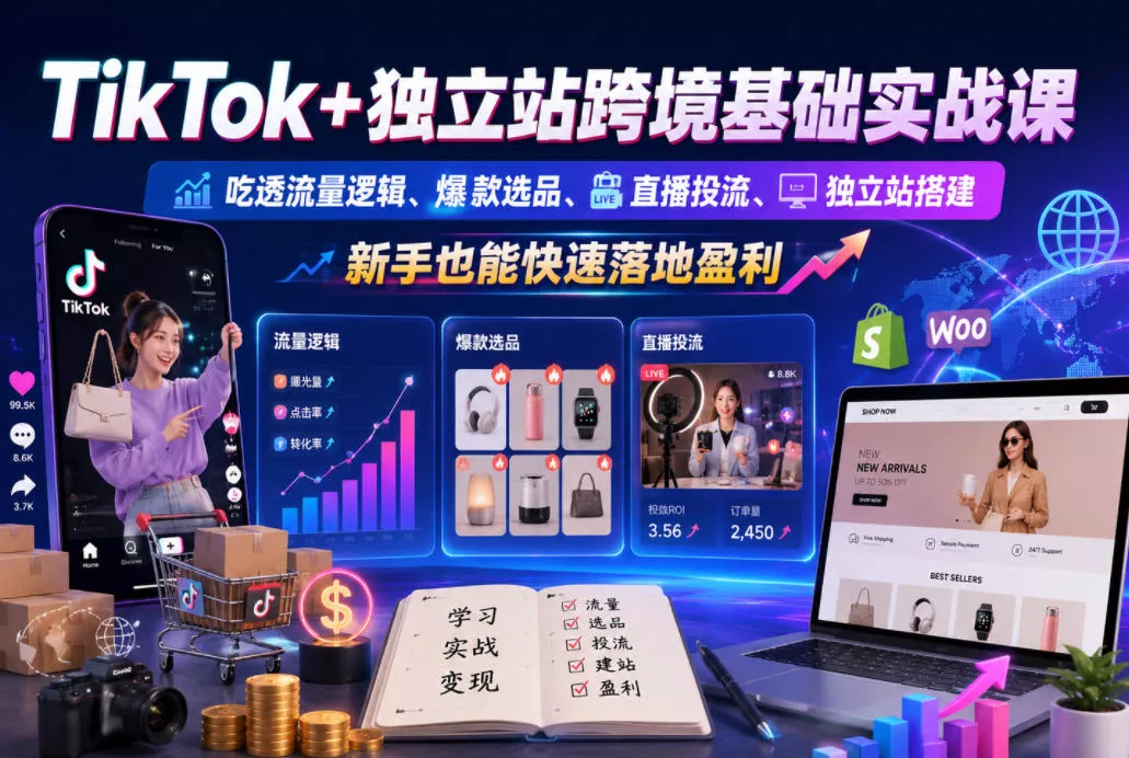 TikTok+独立站跨境基础实战课，吃透流量逻辑、爆款选品、直播投流与独立站搭建，新手也能快速落地盈利-站源网